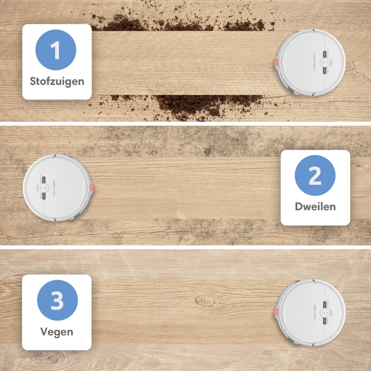 CleanDays Robotstofzuiger D2-001 - 3 in 1: Stofzuigen, Dweilen en Vegen (Wit)